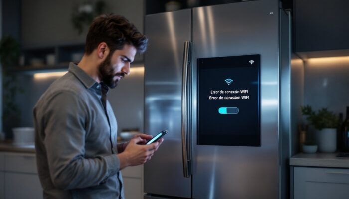 panel digital de refrigerador inteligente mostrando conexión WiFi doméstica