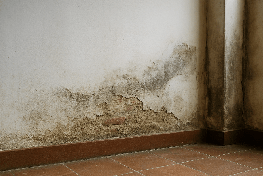 Muro afectado por humedad con marcas de capilaridad en vivienda antigua