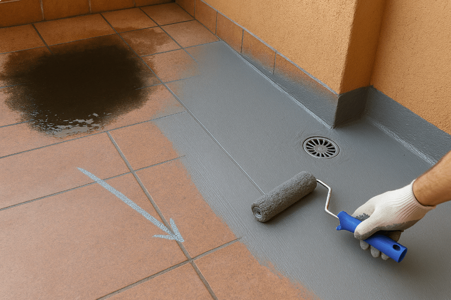 Aplicación de membrana líquida en terraza con corrección de pendientes hacia sumidero