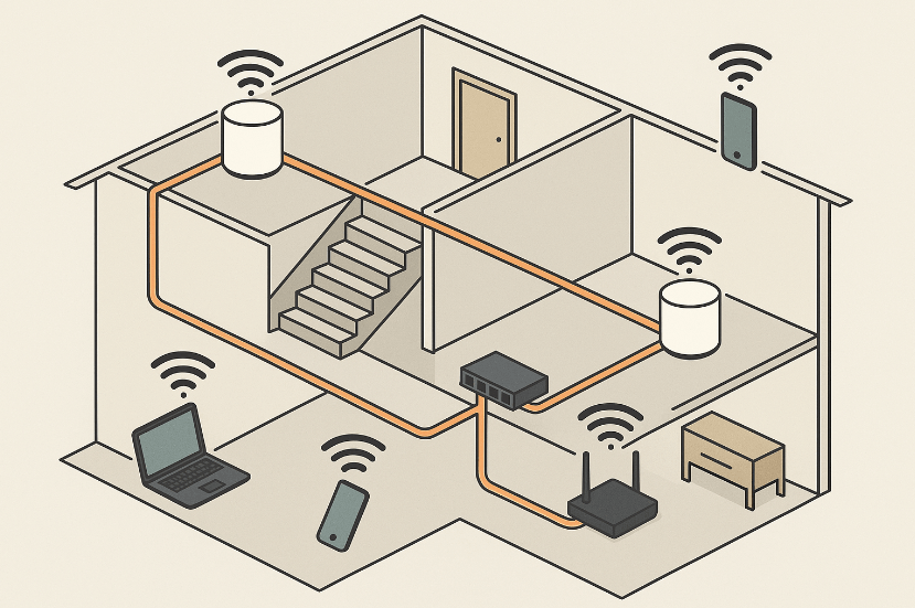 Esquema de red WiFi mesh doméstica con backhaul Ethernet entre router, switch y nodos de la malla