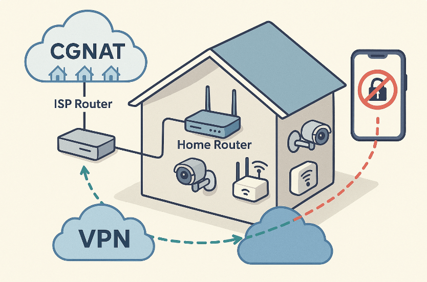 Esquema de red doméstica con CGNAT, router del operador, cámaras IP y solución mediante VPN para acceso remoto seguro