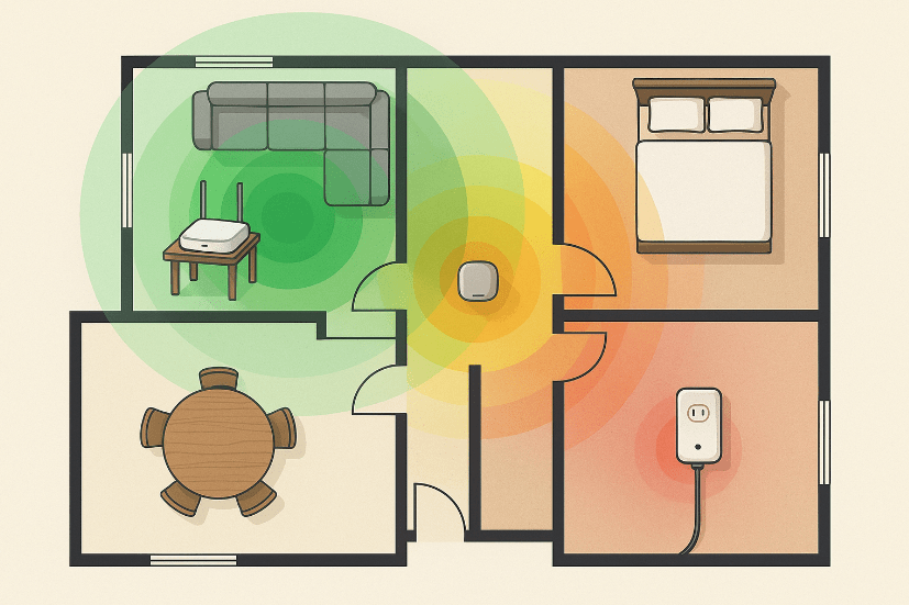 Esquema de vivienda mostrando cómo eliminar zonas muertas Wi-Fi con malla, PLC y punto de acceso cableado