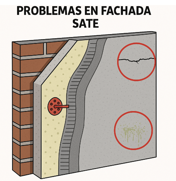 Inspección de problemas en fachada SATE con fisuras y suciedad localizada