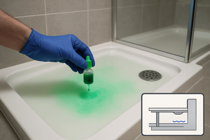 Prueba casera con tinte trazador para localizar una fuga oculta en la ducha
