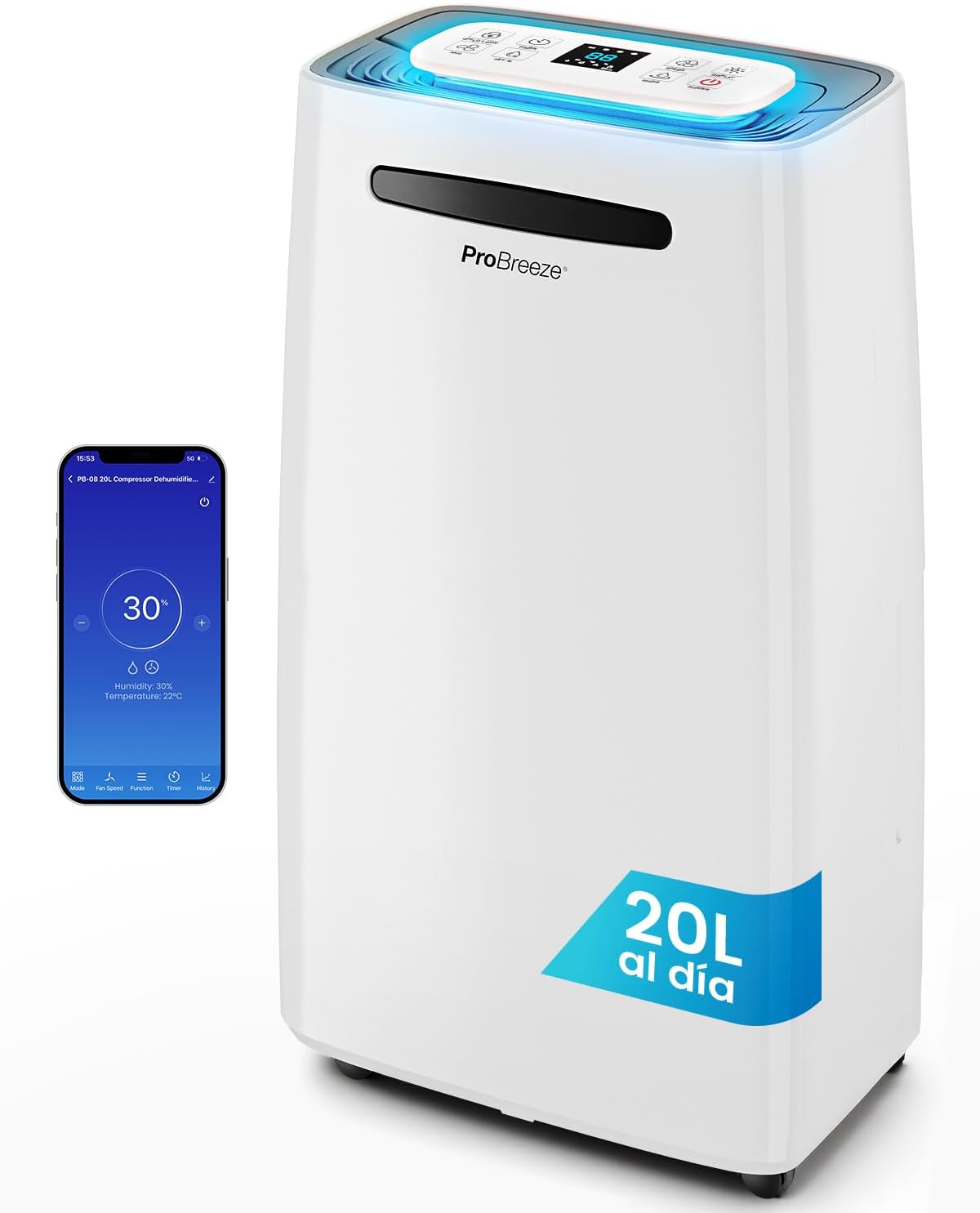 Pro Breeze deshumidificador inteligente 20L/día con Wi-Fi, sensor de humedad y drenaje continuo